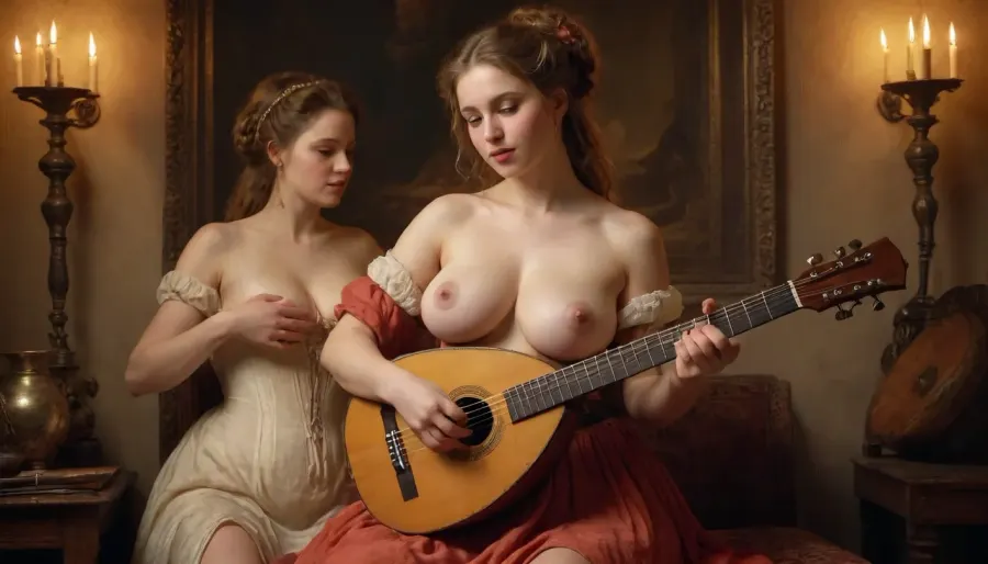 An erotic painting in the style of Rembrandt of a busty woman exposing her breasts to a lute player