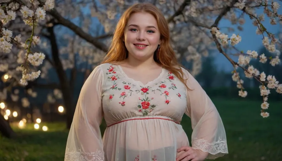 captivating young 3-feet dwarf light-ashy-ginger-haired Ukrainian girl, chubby, smiling, desirable big breasts and thighs, transparent loose-fitting embroidered extra long Ukrainian blouse on completely bare body, barefoot, warm summer rain, blooming cherry tree, night moon glow