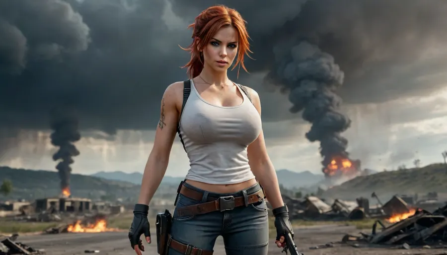 A woman with an athletic, sporty build stands at the forefront, exuding strength and determination. Her fair skin is marked with dirt and scratches from battle. Her striking red hair, slightly tousled, flows from beneath her helmet, adding a wild touch to her fierce presence. Her green or light brown eyes are sharply focused on the horizon, filled with resolve. Her sharp features—high cheekbones and a defined jawline—blend femininity with toughness, reflecting her status as a seasoned survivor. She wears a form-fitting, slightly wrinkled white shirt that emphasizes her bust, (75G), breasts Falling out Shirt, large, breasts, big, boobs, huge, tits, stained with sweat and dirt. The shirt’s sleeves are rolled up, showcasing her muscular arms. A dark tie loosely hangs around her neck, giving her a rugged, battle-ready look. Over her shirt, she wears a bulletproof vest, left open to emphasize her figure, balancing practicality with boldness. On her head is the iconic Level-3 helmet, scratched and dented from countless battles, a symbol of PUBG’s intense action. Strands of red hair escape from beneath it, adding individuality. Across her shoulder is a well-worn M416 assault rifle, showing signs of heavy use, ready for action. A frying pan hangs from her hip, its dark metallic shine symbolizing PUBG’s mix of humor and lethality. Her posture is dynamico, slightly crouched with one leg forward, poised to spring into action. Her hands rest on her weapon, ready for any threat. She stands as a symbol of strength and survival, prepared for whatever comes next in the unforgiving world of PUBG. The background is a desolate battlefield, the ground cracked and dusty, scattered with debris from past firefights. Craters, wreckage, and abandoned weapons litter the area. Thick smoke rises from distant burning vehicles and collapsed buildings. A wrecked Dacia 1300 and a damaged motorcycle lie abandoned, adding to the chaos. Broken walls and ruins spread across the landscape, reinforcing the apocalyptic nature of the environment. The sky is filled with storm clouds, casting shadows over the battlefield, while rays of light break through, highlighting the devastation below. The color palette is gritty, dominated by shades of gray, brown, and ash, underscoring the harsh world. Bright orange explosions and the fiery red glow of fires contrast with the somber colors, adding drama. Dust and smoke swirl through the air, enhancing the chaos. The ground is littered with ammo, discarded weapons, and twisted metal, emphasizing the ongoing battle. Above the scene, the iconic PUBG logo in bold yellow stands out against the dark backdrop, symbolizing the core theme of survival. The woman, strong and determined, perfectly embodies the spirit of PUBG—fighting to survive in a brutal world, <lora:bombshell_v2:2>