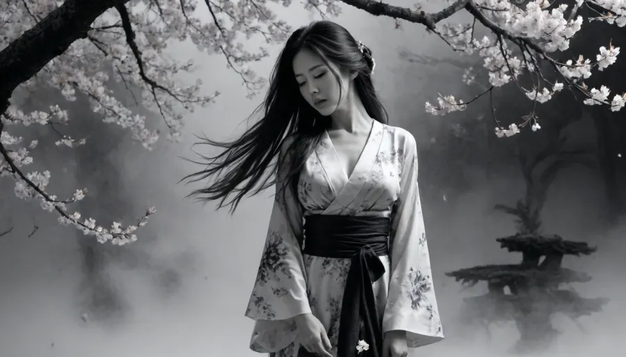 (Double exposure Image in the style of a Japanese sumi-ye), Japanese ronin standing in front of a dissolving black and white background, long flowing hair, seductive dress, cleavage, cherry blossom petals, banzai tree, <lora:210432_training_data:.9>