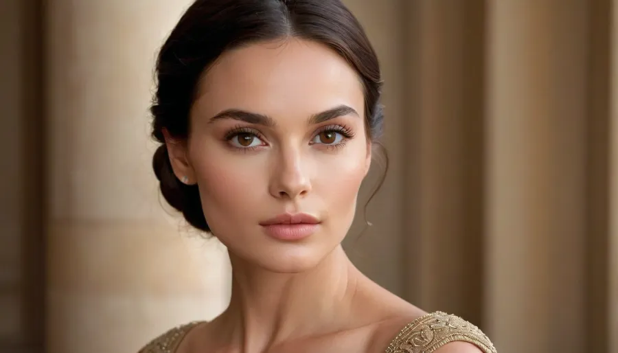 Generate a stunningly elegant woman with classic Mediterranean beauty. She has a symmetrical oval-shaped face with a flawless, creamy complexion. Her full lips are naturally shaped and slightly pouty, with a subtle hint of pink. Her deep, almond-shaped eyes are dark brown, framed by thick, gracefully arched eyebrows, and long, lush lashes. She has high cheekbones and a soft, slightly rounded jawline. Her straight, dark chestnut hair falls smoothly past her shoulders, adding to her sophisticated allure. Her expression is serene and timeless, exuding both warmth and mystery, set against a soft, neutral background.