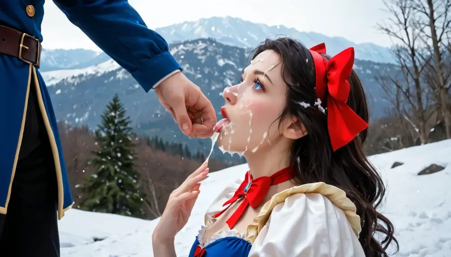 Side view, wide shoot, snow white kneeling before black man, cum on face, extreme facial, detailed, dress, snow, white, red, bow, yellow, skirt, tight, blue, corset, fluffy, hair, r4chsn0, <lora:facialized:.5>, Snow, White, <lora:Snow White v3:.5>