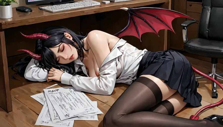 masterpiece, best quality, highly detailed, (anime:1.2), BREAK, sideview, ((a gorgeous 25 year old white succubus with demonic, wings, horns, tail)), (succubus has long black hair bob haircut), (eyes closed, dark and tired eyelids), (natural b cup boobs, beautiful nipples), (she is an exhausted, tired, and overworked software developer working overnight at a failing paper company, she was about to pleasure herself to relieve some stress but she collapses and falls asleep lying on her side under her desk from exhaustion, lying on her side on floor, her boobs are pressed against the floor:1.2), (company logo displayed on the wall in her office with text "Dunder Mifflin":1.2), (lying on her side on the floor), (she is sleeping at her desk, a lot of drool is dripping from her mouth onto the floor, small saliva puddle on floor, saliva, saliva strings), source code on a computer monitor at her desk, cup of coffee on her desk, slim, athletic, gymnast body, wearing a black blazer, no bra, black stockings, black pleated skirt, white loose unbuttoned blouse revealing cleavage, no panties, stockings, office, chair, RAR, <lora:MeMaV3_ill:.5>, <lora:add_details_xl:.5>, <lora:Better Anime Backgrounds - [Background] - SDXL Version 1:.5>, <lora:RAR 0.4v:.5>