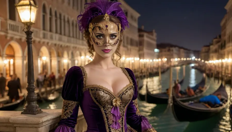 A beautiful female courtesan at a masquerade festival in Venice, at night, surrounded by a lively crowd of partygoers. She wears an elaborate, ornate mask with intricate gold filigree and a feathered design, blending mystery with elegance. Her gown is luxurious, flowing in rich deep purple and black velvet, adorned with shimmering gold embroidery. The dress features a corseted waist, with lace details and a long, sweeping train. The moonlight reflects off the canals nearby, casting a soft glow on her pale skin. Around her, a vibrant crowd of guests in elaborate, colorful masks and opulent costumes mingles, laughing, dancing, and enjoying the festivities. Some wear silk, velvet, and satin gowns, while others are dressed in elaborate suits with lace and ribbons. Candle-lit lanterns light the scene, while the grand architecture of Venice looms in the background, with gondolas drifting gently along the canals. The scene is magical, with the sounds of music, chatter, and laughter filling the air, creating a festive, enchanting atmosphere