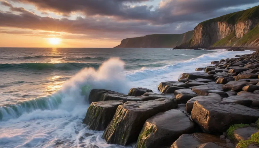 Spectacular rocky coastline under dynamic skies in the golden hour of the year. Mayak. Jagged cliffs of weathered gray stone rise steeply above the rough ocean waves, their surfaces carved with intricate patterns by wind and water over the centuries. Each face of the rock has a detailed layering, moss clinging to protected crevices, painted in bright green shades.

The sea breaks on the shore with powerful waves with white caps, creating realistic splashes that reflect sunlight. The foam sticks to the dark rocks for a moment before sinking back into the water's depths. On the horizon, you can see a stunning sunset that combines deep orange, purple and blue tones, reflecting off the surface of the water with perfect realism.

Key elements, Impressive rocky shore, ocean waves, golden hour lighting, high detail, photorealistic style, cinematic composition, bright colors, 8k quality

Quality improvement conditions, Ultra-detailed textures, realistic wave motion, atmospheric perspective, soft shadows, clear focus, natural beauty, masterful lighting, professional photography style.

Each element contributes to the image of breathtaking natural grandeur, conveying the power and serenity of the coastal landscape. The scene invites exploration, revealing new details with every glance.