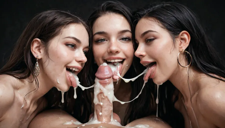 close-up, 2 naked white women, very pale skin, eyes wide open, enjoying, faint smile on her face, sucking big 25 inch white penis, no lipstick, very long smooth black hair, tongue sticking out of their mouths, white man masturbating, ejaculation, (excessive cum on tongue), licking cum from his balls and belly, projectile cum, dark room, black background.