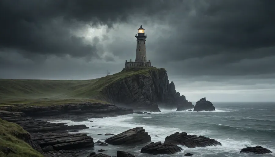 Ancient, weather-beaten lighthouse standing on desolate cliffs in a fantasy post-apocalyptic world. The structure is half-ruined, with vines and moss clinging to its cracked stone surface. Jagged rocky outcrops surround the base, partially submerged in dark, storm-tossed waters.

A mysterious cloaked figure of a witch stands atop a distant cliff, her silhouette outlined against the ominous sky. Heavy rain falls across the landscape, merging with thick mist that clings to the rocks. The atmosphere is one of eerie solitude and ancient magic, with faint lightning illuminating the horizon.

The scene combines elements of dark fantasy and post-apocalyptic desolation, creating a mood of mystery and foreboding. Every surface shows signs of decay and age, with realistic textures of wet stone and decaying masonry. The lighting emphasizes the dramatic tension between darkness and the faint glow of the lighthouse remains.