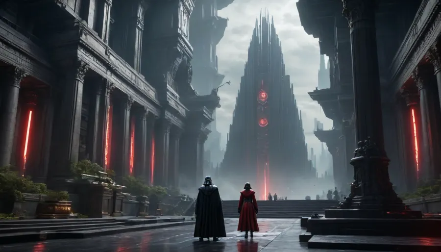uber realistic image, fullcolor image, full body view, 8K quality, ultra detailed, masterpiece, Capital Darck Imair, Dromund-Kaas, citi, a giant dark futuristic city, super skyscrapers, a temple of the Dark Side, the Imperial Palace, everything has the imprint of the dark side of the force, (not Darth Vider)