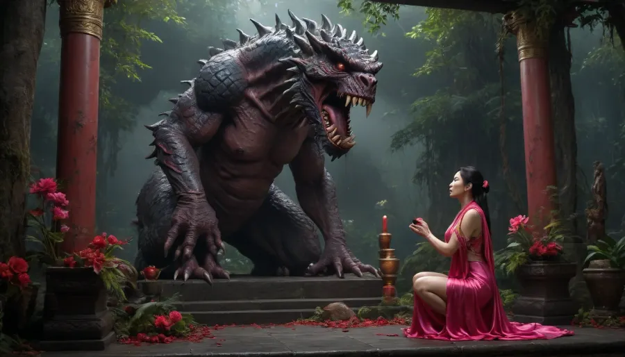 uber realistic image, fullcolor image, full body view, 8K quality, ultra detailed, masterpiece, dark fantasy, night, blood red fool moon, Ancient mysterious dark tropical forest, many large bloodsucking flowers, a black stone altar, ((a mature chinese woman kneeling on the altar big front ancient scaly monster)), (ancient scaly monster, fucked a beautiful woman in moutch), (a huge massive dick deep in woman's throat), (pink sexy silk dress torn to shreds, skin stained with claw marks, bare huge tits are bleeding), woman ready ready to die, waiting for death, dark ritual, oral sex, blowjob, monster sex, bestiality, sex, ritual sex, last sex, side view, whole body in frame, whole body visible
