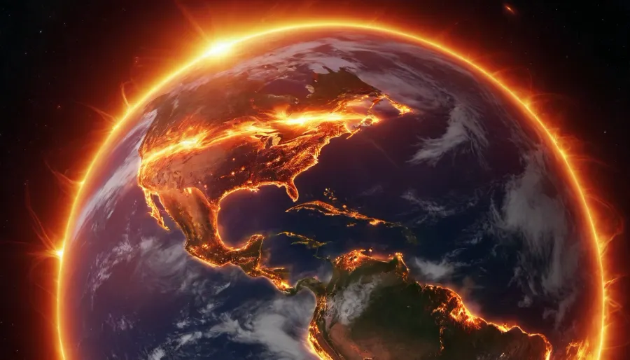 Space, planet Earth, Solar flare covering the Earth, The Earth is on fire, ultra realistic image, 8K