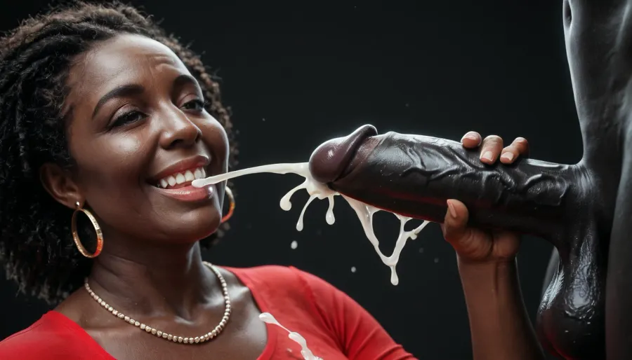 (milf:1.3), black african woman, curvy, absolutely black skin, deep ebony skin, African, Nigerian, Nubian, (((absolutely black skin))), red spandex top, extremely long smooth hair, medium view, black room, black background, black floor, close-up of her mouth, the eyes are smiling, 1 white man with a huge 17 inch penis, big testicles, masturbating, (ejaculation:1.5), .