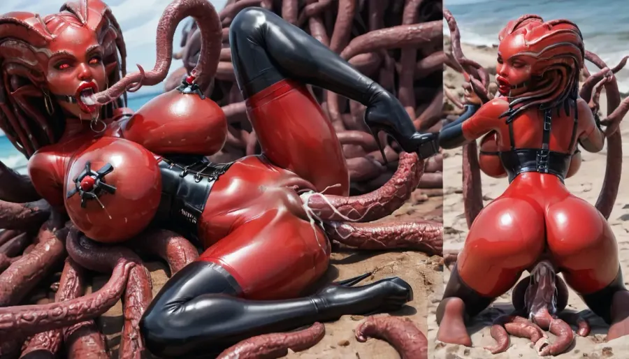1 woman alien bimbo, 1 futanari bimbo, skinny, (red tall woman:1.3), (red full body latex suit:1.5), (latex is iridescent:1.5), (Breasts covered in latex except nipples:1.5), (Black latex stockings:1.5), (black latex corset:1.5), (black latex bra:1.5), very slutty face, Giant nipples, very surprised, beach, (face down elevated in the air:1.5), close-up, ultrarealism, masterpiece, alien tongue, vaginal sex, nipple creampie, cum spurting from mouth, ((massive breasts:1.2)), (horns, red eyes), (alien woman:1.5), makeup, narrow waist, glowing eyes, look at viewer, earrings, ring gag, gagged, drooling, (absurdly huge puffy lips), excited look, (glossy red lipstick:1.2), high detailed face, thin, big breasts, wide hips, Horse Pussy, (extremely swollen inner labia:1.5), (extremely swollen clitoris:1.5), huge nipple clamps, ((hands grab boobs)), (Large Tentacles fuck her mouth:1.5), (large tentacles fuck pussy:1.5), rear view, rear focus, focus rear, Cinematic light, best quality, mega detailed, mega quality, high detailed, harness, garter, straps, cupless, bra, bmbplora, tentacles, Latex, <lora:Harness_Straps_sdxl:.8>, <lora:bimboxl_02:.8>, <lora:MS_Real_XL_Tentacles:.8>, <lora:LatexXLv11:.8>