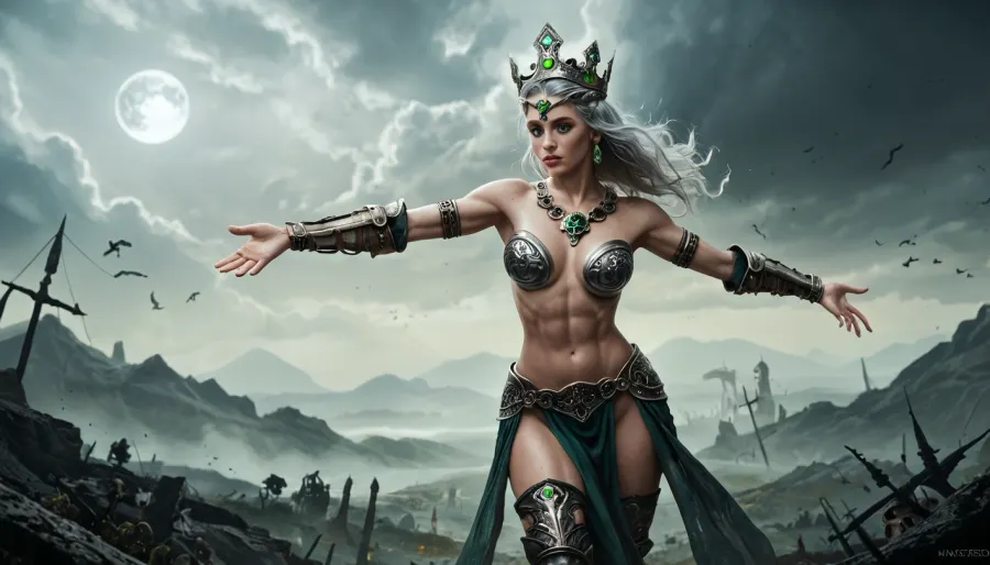 This is a digitally created fantasy artwork depicting a powerful, nude female sorceress standing confidently at the center. She has pale skin, long silver hair, and wears a metallic, crown-like headpiece. Her arms are outstretched, and she is surrounded by swirling green magical energy. Her breasts are medium-sized, and her physique is slender yet toned. She is adorned with intricate, black, armor-like thigh guards and a matching loincloth that is barely visible.

In the background, the sky is dark and cloudy, with a bright full moon casting an eerie glow. To her left, a skeletal figure with a twisted, gnarled appearance and a skeletal arm raised in a threatening gesture is partially visible. To her right, a tall, muscular, humanoid figure with a skull-like face and a massive axe stands menacingly. Another skull is floating near the bottom left, with dark, misty tendrils extending from it.

The color palette is dominated by green, and gray tones, creating a dark, mystical atmosphere. The textures in the image are highly detailed, with the sorceress's skin and hair appearing smooth, while the background elements are more rugged and eerie. The overall style is reminiscent of dark fantasy and gothic art.