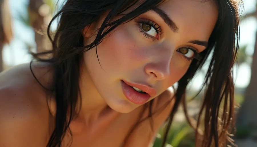 Masterpiece, close up, 30 year old athletic beauty, soft nude body, long straight black hair, orgasm, pleasure, arousal, o face, mouth half open, eyes half closed, medium breasts, (((bent down))), ultimate realism, sunny day, palm trees, realistic detailed skin texture, focus on realistic face, ((stunning dark brown eyes)), Sun-kissed skin, nsfw, scenic, but, <lora:BUT_SDXL_SHS:.8>, <lora:MJ52:.8>