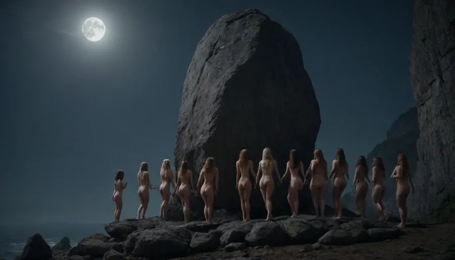 A dozen naked witches walk and dance around a lonely vertical stone boulder, night, HD, cinematic