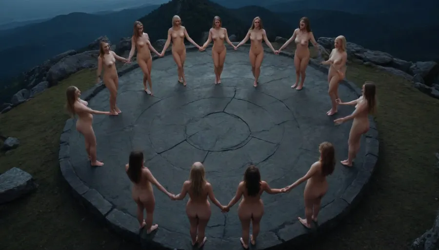Naked witches dance on a bald mountain around a temple, (a circle of witches holding hands), midnight, HD
View from above