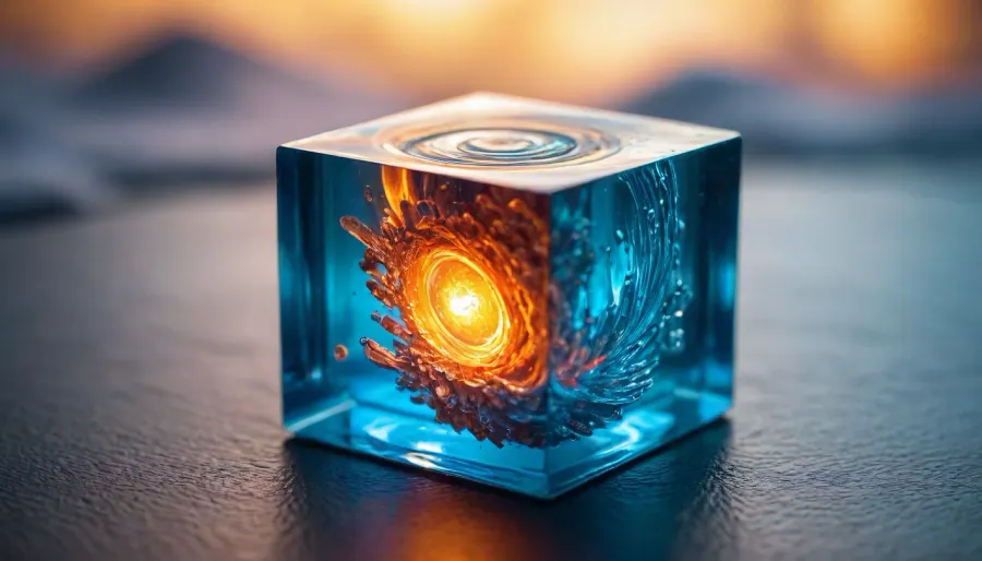 4d microscope macro zoom, (fire cube, (square), fusion with wather sphere, (blue waves, mirroring), miracle), orbit, epic, glowing, (rainbow, white visible light), rainbow light gold, rainbow fire, rainbow air, rainbow earth