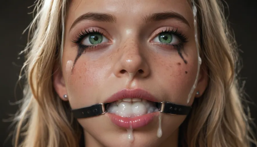 (Close-up), (dark room), (top lit), (looking up at viewer), (blonde woman's face), (very beautiful), (freckles on nose and cheeks:1.2), (very big green eyes), (pleading expression), (mouth very wide open), (wearing a ring gag), (mouth full of a huge amount of cum:1.3), (cum pouring out of mouth:1.2), (cum in hair:1.2), (cum on face:1.2), (shiny purple lipstick:1.2), ((lots of heavy mascara:1.4), (mascara around eyes:1.4), and, (mascara running down cheeks:1.5)), <lora:SDXLHighDetail_v6-000005:2>