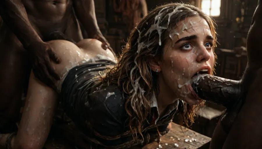 (detail Hermione Granger face), realistic cum, (cum on clothes), cum on, (Cum flows:1.5), (cum on body), cum on hair, (cum on face), bukkake, ((Clothes and body covered with semen)), (mouth wide open:1.4), (mouth filled with cum:1.5), beautiful face, (cum on hair:1.3), young adult woman, (detail thick white cum on hair), (detail thick white cum on face), (huge dick), (creamy deep deepthroat:1.36), (extreme oral sex:1.24), (huge massive white dick:1.4), (cum), (hands holding hair), close up, detailed and infocus face, extreme details, (volumetric lighting), (maximum quality:1.5), (high resolution:1.5), (maximum detailed:1.5), cum explosion from mouth, cum explosion from nose, wide eyes, throat bulge, puffy cheeks, thick cum, holding her head with both hands, photorealistic, anatomically right, man holding the back her head, sad, sad crying, tongue out, brutal face fuck, Blowjob, hard nipples, (five Black skin hyper large muscular men), (5 very large and hyper thick black cocks), (monster black cock:1.6), sweaty, steamy, detailed face, embarrassed expression, shy, blushing, looking at viewer, almost naked, hourglass waistline, perfect anatomic body, ass up, anal spitroast, gagging on cock, random pose, random view angle, ((hogtied, bound for sex, tied up)), (((hyper gigantic large black cock in mouth:1.3))), cum drips from nose, cum drips from mouth, (pulled nipples:1.2), nipple clamps, spitroast, hair grab, holding head, deepthroat, (((hyper large cock in mouth:1.3))), oral cream pie, screaming, shocked, tearful, deep anal penetration, (pigtails:1.3), cum explosion, post orgasm, last orgasm, shot from below, Uber realistic, 8k, ultra detailed, masterpiece, arched back, detailxl, 35mm photograph, film, professional, 4k, 1girl, 5 boys, hdr, photographic, ultra realistic, ultra high details, back light, (front view), (dynamic pose), best quality, incredible body, anal sex, with large muscular black men, gargantuan black cocks, anal sex expansion, ravenous hyper sex, large hyper muscular black men, interracial gangbang, (interracial sex), swollen black veiny cocks, (double anal penetration), hardcore double penetration, proper physics, big black cocks, muscular black interracial gangbang, (forceful penetrations), extremely graphic, shocked expression, beautiful hands, massive cum in ass detailed background, dynamic angle, volumetric lighting, highly detailed, golden hour lighting, dramatic shadows, rich details, nature-inspired color palette, (eyes wide open in horror:1.24), (wide mouth spreader:1.5), (pleading expression:1.18), (terrified:1.12), (crying:1.2), (fear and panic:1.18), UHD 8K, (full body photograph:1.1), <lora:detailed_notrigger:2>, <lora:LCMTurboMix_Euler_A_fix:2>, <lora:JuggerCineXL2:2>, <lora:dark:2>, <lora:darkfantasystyle:2>