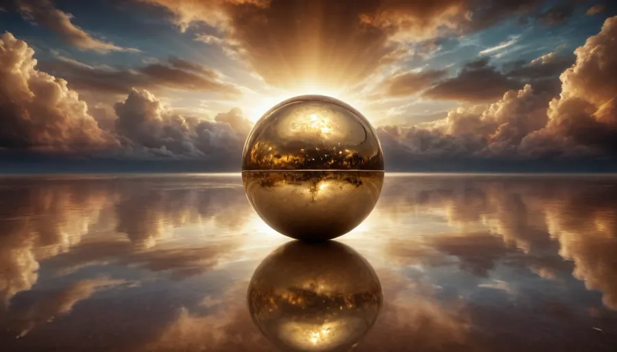wakan tanka galaxy dramatic clouds, golden mirror sphere