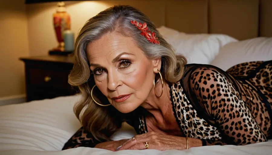 sexy granny mature, 75 year old woman, dark blonde, long hair, very smoked black eyes, very thin, tan skin, sexy makeup, huge hoop earrings, lying prone on bed, lying on her stomach, front face view, sexy leopard long sleeve lingerie, full body view, naught face, looking at the camera, crawling towards the camera, side view