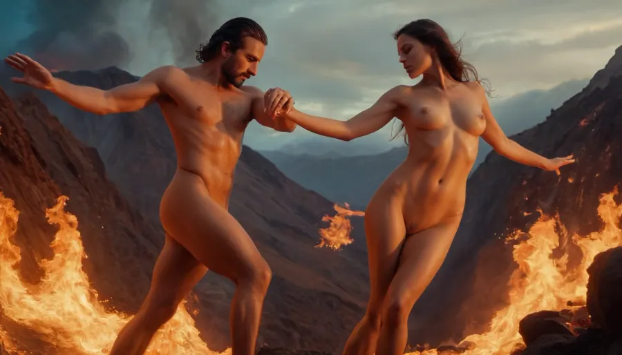 Cinematic, fantasy portrait in the style of Boris Vallejo, two blazing fire gods passionately dance the Tango, wisps of magical fire drape their naked bodies, they dance among blazing volcanos.