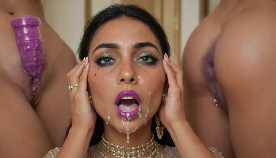 (high-quality facial detail:1.3), Indian sexy beautiful girl, (blue eyes:1.3), ((bimbo makeup, intense saturated glossy purple lipstick:1.2)), (Indian face:1.9), ((makeup:1.8), long blue eyelashes, olive eyeshadow with glitter), (lips:1.2), open mouth, saliva, in a transparent tight-fitting sequined dress, (pink-purple areoles are visible, nipples with piercings), an exquisite necklace and gold bracelets, (purple anus stretched around dildo), mid ejaculation, (penetration), she has long hair tied up in a bun, (purple pussy:1.7), nipple ringsnipple, (purple puffy anus:1.5), nipple ringsnipple rings, pussy view, slit pussy, slender long legs with a high waist, fishnet stockings, green stilettos, seductive grins, dark skin., (cum in mouth:1.3), (heavy pussy piercing:1.7), There is a lot of cum on the pubic area of the anus, lactation, sprayingmilk, Aesthetic, Nail, <lora:lactation_XL_0_:1.6>, <lora:Aesthetic_Nails:1.4>, <lora:Tail_Plug__SDXL:2>