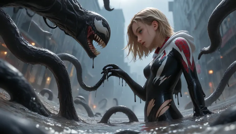 side view, low view, Black Tentacles with hands on the tips everywhere, raining black slime, asymetrical, (Spidergwen covered in black oil, ripped suit, skin disappearing, hands transmuting into tentacles, body is partly turning into Venom, melding together with the black slime, laying down partly submerged in black slime like quicksand), . Black Tentacles rising from the bottom, held down by 4 Black Tentacles, submerging in black slime like quicksand, Black Tentacles grabbing vagina, Black Tentacles grabbing neck, chocking, exstatic, black slime everywhere, pulling her down, she is reaching out, try escaping, lightning, sparks, explosions, metal parts, fighting eachother