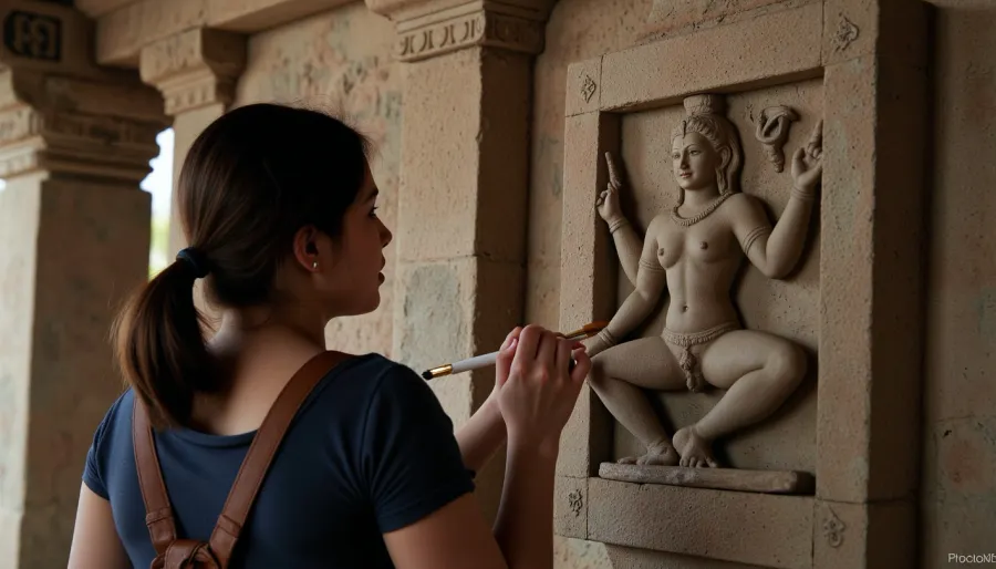 Photography
Cinematic photography {Cambodian woman, 35-year-old restorer, with a brush in her hand, restoring a stone panel, (with the Hindu four-armed deity Vishnu), in the Angkor Wat temple complex}. 35mm photography, film, bokeh, professional, 4k, high detail, cinematic format, shallow depth of field, film grain, high budget, epic, mood