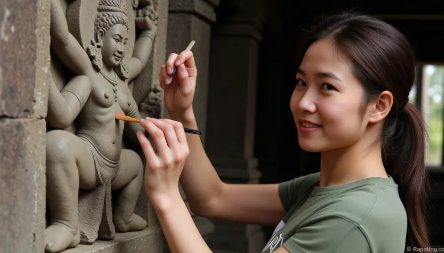 Cinematography {Cambodian female archaeologist-restorer, with brush and mastichin in hand, restoring a stone bas-relief, (with the Hindu four-armed deity Vishnu), at Angkor Wat temple complex}, bokeh, professional photography, high detail, shallow depth of field
