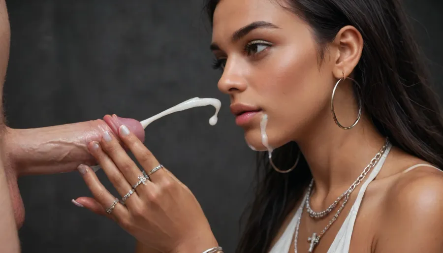 (Fingers with painted very long non-sharp nails:1.4), (deepthroath:1.4), (manicured nail polish:1), (wearing A lot of silver and diamond jewelry:1.5), indian young female, absolutely tanned skin, closed mouth sensual looking, lusty face, delicious lips, tan lines, (extremely long black hair:1.3), (3 black males with huge penis:1.1), face towards viewer, looking at the viewer, black background, black room, (medium breasts:1), ((thick massives cocks:1.1)), big testicles, interracial, masturbating, hard-on, (ejaculation:1.3), shooting his cum on her, excessive cum dripping from his penis, excessive cum dripping from her and from her face, excessive cum on face, mouthfull of cum, cum dripping from her, (wear a lot of very long silver cross necklaces:1.2), ((perfect hands and nails:1), chain necklaces, silver hoop earrings, silver bracelets, lusty look, lusty face, tanned, tan lines, (Fingers with painted very long non-sharp nails:1), (manicured nail polish:1), ((wearing a lot of silver rings on fingers:1.4)), ((best quality, perfect face)), (side view)), longnips, <lora:longnipsxl:1>