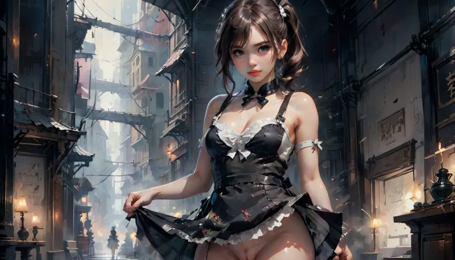 best quality, ultra-detailed, masterpiece, finely detail, highres, 8k wallpaper, beautiful brunette 18 years old with ponytails woman, white bows, black dress, white apron, virgin very thick pussy, white lingerie, white shoes, high heels, lewddungeon, background black walls, skirtlift, futuristic-fantasy-anime, oil, and, watercolor, painting, <lora:skirtlift_xl:.6>, <lora:pantyhose_widget_v10:.8>, <lora:futureistic_fantasy_anime_sdxl_v1:1.6>, <lora:oil_and_watercolor_painting:1.6>