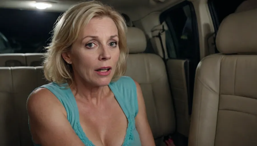 Blonde 55 year old woman in back seat of minivan with panties down and make fingering her. Scene is at night in parking lot. She is surprised and aroused.