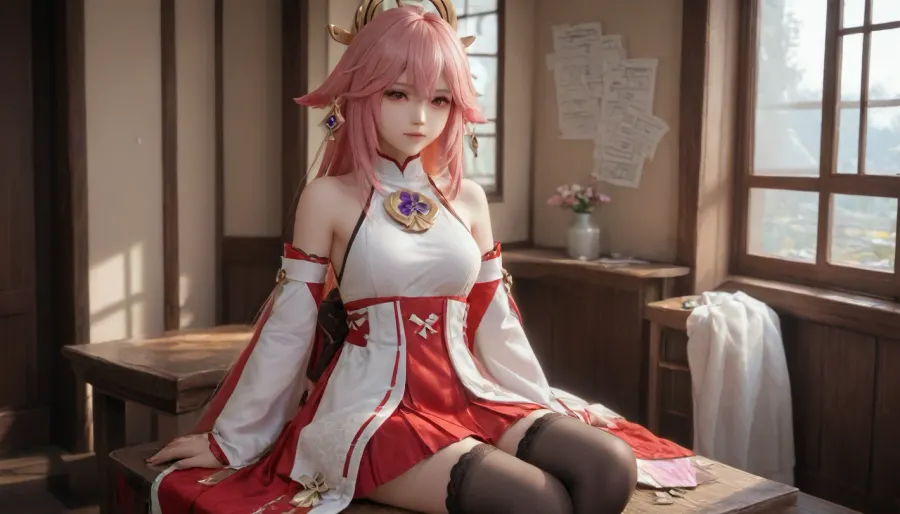 21 years old, 8K, solo, red eyes, five fingers, perfect fingers, pink hair, masterpiece of the highest quality, work of a true master, dress, skirt, stockings, unbuttoned sleeves, jewelry, black thigh-high stockings, Yae, Miko, Lynette, Navia, Vision, (Genshin, Impact), <lora:MIAOKA_Yae Miko_XL:.5>, <lora:tifa_re_sdxl_V1_01-000006:.5>