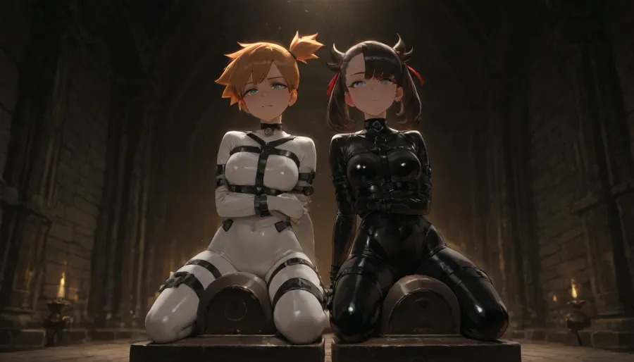 4k, highly detailed, petite girl, petite body, lesbian, 2 woman from Pokemon, Marnie and Misty from Pokemon, lesbian scene, Marnie in a latex straitjacket, forced to sit on a sybian machine controlled by Misty in a latex catsuit, dark dungeon setting, dramatic lighting, high contrast, anime style, detailed faces, tense atmosphere, 8k resolution.