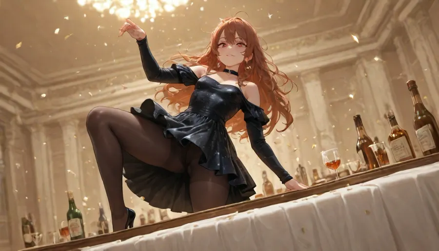 Pre christmas party, tight glitter dress, dark dress, young lady, heart shaped face, (small chin), scandinavian features, black mini dress, pantyhose, laquer high heels, (wasted), ((rowdy)), (dancing on table), (low angle), upskirt, confetti, empty glasses on table, bottles on table, white tablecloth, stained, slender, petite, small, glitter, (messy hair), movement, speed, horny, long sleeves, loose sleeved dress, detailed hands, detailed arms