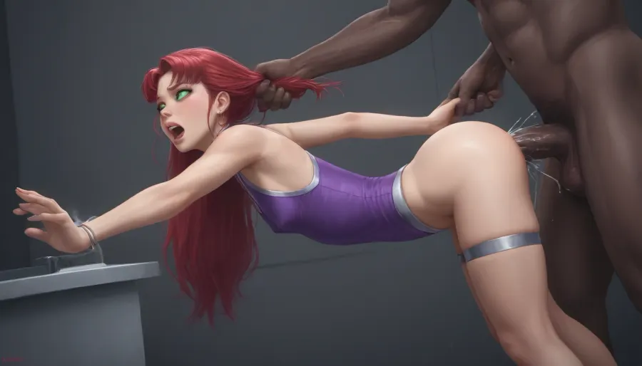 flawless, clean, masterpiece, professional artwork, famous artwork, perfect face, 90 degree angle Side view, 2 size queens who look like starfire and raven from dc comics getting fucked as SEXY 21 YEAR OLD STRIPPERs. They are getting fucked very very hard by large 6 foot 8 inch very muscular dark black men behind them, dark black skin, dark black body builder, starfire and raven are facing away from the muscular big dark black men and looking over their shoulders at the dark black men with a look of pain on their faces, TINY BREASTS, FLAT CHEST, CUTE PUSSY, bent over, fucked from the back, cum dripping puffy pussies, beautiful tight assholes, theres a big dark black man standing behind starfire, theres a big dark black man standing behind raven, the dark black bodybuilder1 is holding starfire by one of her breasts. The big dark black man behind raven is pulling her hair brutally hard, she is being pulled back onto his huge gigantic dark thick black cock. Brutal hair pulling, screaming in pain, pulling a handful of raven's hair, hair pulling, He is pulling her by her hair very hard. The dark bkack bodybuilder2 is squeezing one of her breasts super hard, her breast is squeezed in his large hand, her breast is squeezed. Shes screaming in pain and pleasure, she is squirting on his cock, huge amount of squirt, realistic cum, 100 percent perfectly drawn, 100 percent perfectly drawn penis, 100 percent perfectly drawn bodies