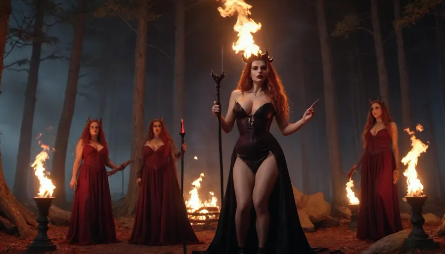 uber realistic image, fullcolor image, full body view, 8K quality, ultra detailed, masterpiece, coven, Beautiful queen witch have sex vith huge devil, in a luxory slutty black dress, with a low neckline, anorexic skinny, huge heavy very saggy breasts, very long wavy hair, lies on a stone altar in a satanic temple, a huge red skinned horner devil fucked a witch, the rest of the witches stand around with torches in their hands, night, bloody full moon, forest clearing, a fire burning in the background, sex, sex with devil, public sex, dark ritual, full body vision