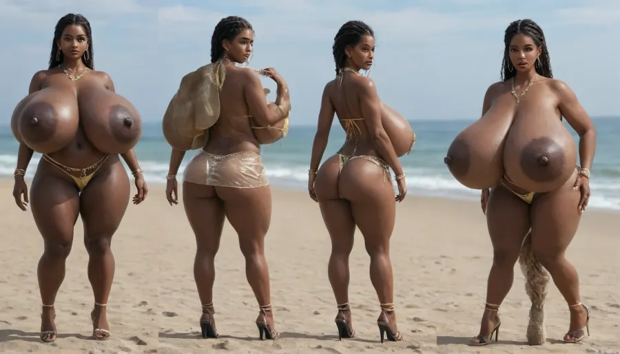(absolutely black skin:1.45), (gigantic massive huge tits slender beauty model on the beach:1.35), (incredibly floppy saggy tits:1.85), (very large very dark areolae:1.55), erect nipples, seduction, model with full body and face, ((groping tits and ass)), very high plateau heels, ((bikini)), (belly chain, anklet, bracelet, jewelry, necklace), ((micro skirt)), oiled up, light hairy pussy, very detailed image, ultra high definition