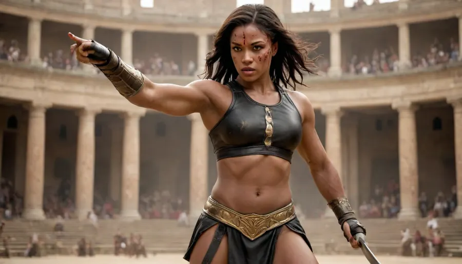 Create 2 females warriors, First females IS a Beautiful 30yo woman, WET Dark Brown straight hair, big saggy tits with big nipples and hairy pussy visible, topless with bare back and muscular physique, long hair blowing in the wind, wearing a tattered short leather gladiator skirt with ornate metal belt and thigh straps, holding a large round battered shield in one hand and a gladius sword in the other, whole body covered in bruises and abrasions, pain expression, gladiator standing in a Roman coliseum arena, 3/4 view, dramatic golden hour lighting, sweat-glistened skin, crowded blurred spectators in the background, epic cinematic atmosphere, lion in the background, Dynamic view, Dynamic pose, highly detailed, photorealistic, 8k, style raw., action, shot, all bruised up, (cuts and wounds on whole body:1.6), ((muscular ebony black female fighter)), ((long muscles)), hyperrealistic, (tall woman), ((muscular woman)), broad shoulders, large breasts, long black hair, ((strong physique)), ((detailed abs and arms)), dark brown leather and gold bra and skirt, gold jewelry, mma gloves, in an arena scene, pale tan skin, lots of detail on clothing and armor, sharp expression, intense expression, (mid-punch pose), powerful stance, close up view, <lora:Manga_Action_Shot:.8>