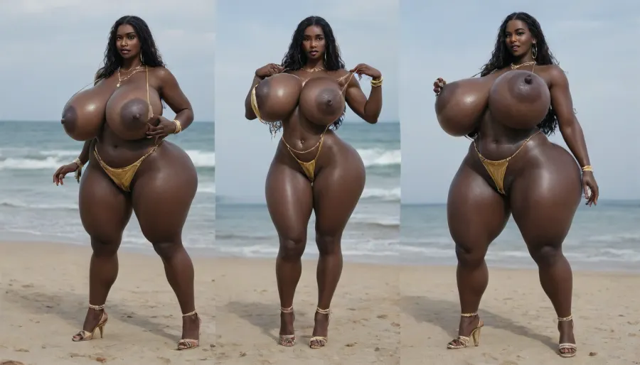 (absolutely black skin:1.65), (gigantic massive huge tits slender beauty model on the beach:1.35), (incredibly floppy saggy tits:1.65), (very large very dark areolae:1.55), erect nipples, seduction, model with full body and face, ((groping tits and ass)), very high plateau heels, ((bikini)), (belly chain, anklet, bracelet, jewelry, necklace), ((micro skirt)), oiled up, light hairy pussy, very detailed image, ultra high definition