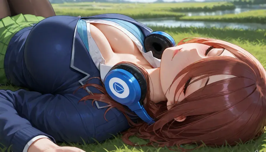 grass, river bank, nakano miku, solo, (blue eyes:.8), brown hair, long bangs, headphones around neck, (dark-blue blazer cardigan), (white collared shirt), (green pleated skirt:.7), (ripped pantyhose:.7), (blushing), sleeping, lying on back, (close-up on cleavage), upside down, (big cleavage), low angle, <lora:SDXL_LORA_CHARACTER_NAKANO MIKU_V1A:.6>