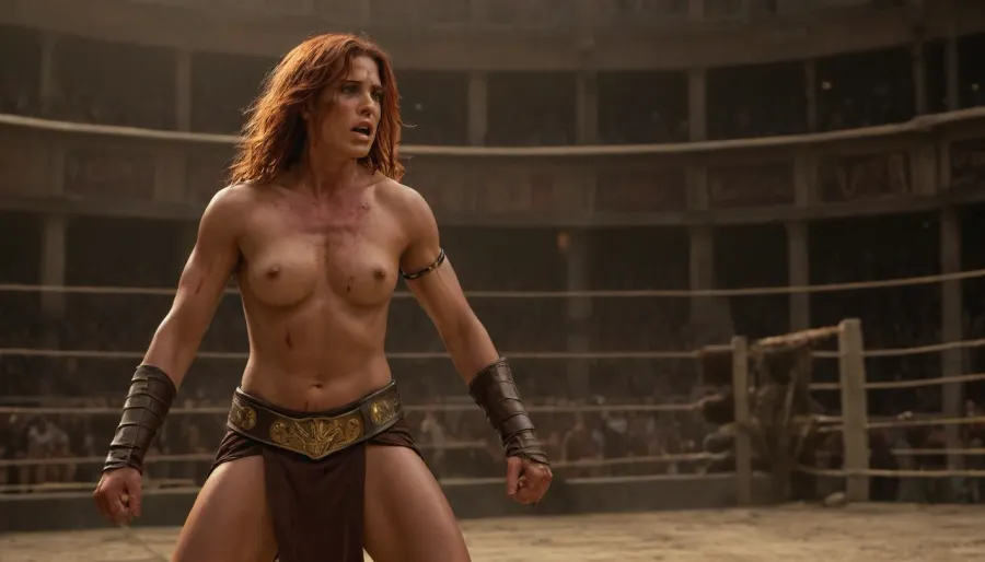 Create a female warrior, Beautiful 30yo woman, WET Dark Brown straight hair, big saggy tits with big nipples and hairy pussy visible, gladiator standing in a Roman coliseum arena, 3/4 view, topless with bare back and muscular physique, long hair blowing in the wind, wearing a tattered short leather gladiator skirt with ornate metal belt and thigh straps, holding a large round battered shield in one hand and a gladius sword in the other, dramatic golden hour lighting, sweat-glistened skin, crowded blurred spectators in the background, epic cinematic atmosphere, lion in the background, Dynamic view, Dynamic pose, highly detailed, photorealistic, 8k, style raw., action, shot, (handsome Italian gladiator, with a big hard cock. Well defined chest and abs, in chains, sitting on a quader rock, amrs and legs chained to the rock), exhibitonists, presentig his hard cock, cum dripping on top, ((many spectators sitting in the arena's stands)), (soldiers in roman unniform mustering the gladiator and his huge hard cock), . roman era, huge dick, 25cm long dick, whole body covered in bruises and abrasions, pain expression, all bruised up, (cuts and wounds on whole body:1.6), ((muscular female fighter)), ((massive muscles)), hyperrealistic, (tall woman), ((extremely muscular woman)), roman gladiator, broad shoulders, large breasts, short red hair, ((strong physique)), ((detailed abs and arms)), dark brown leather and gold bra and skirt, gold jewelry, mma gloves, in an arena scene, pale tan skin, lots of detail on clothing and armor, sharp expression, intense expression, (mid-punch pose), powerful stance, close up view, <lora:Manga_Action_Shot:.8>