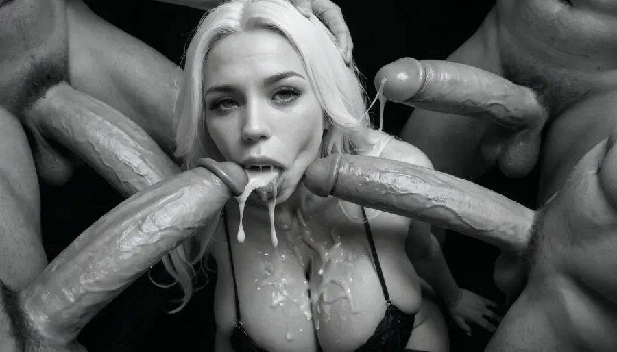 (black&white:2), black background, black room, white mature woman, (milf:1.2), black stockings, black high heels, black corset, black thong, (extremely long smooth white hair:1.6), (wide_hips:1.5), (Massive ass:1.2), thin waist, (massive breasts:1), her legs are widely spread, cum dripping from her vagina, after sex, she is rubbing her pussy, front view, throat blowjob, huge 19 inch thick cock, (stretches the throat:1.1), throat bulge, sucking a huge thick 19 inch penis, both hands on her head, the penis disappears completely into her mouth, ballsdeep, facefuck blowjob, extremely deepthroat blowjob, brutal mouth fuck, excessive cum dripping from penis, excessive cum on face, slobber, oral sex, woman, sucking, a, cock, (realistic excessive thick runny cum all over her face and body), mouthfull of cum, cum dripping out of her open mouth, mouth full of cum, lots of very thick cum, loads of cum, on, excessive bukkake, cum, facialized, superfacialized, surrounded by dicks, masturbating, no pubic hair, 3+ men, 4ng3l, face, <lora:WTS - WhatTheSuck - v1:1>, <lora:SDXL_BetterFaces-LoRA_v1:.9>