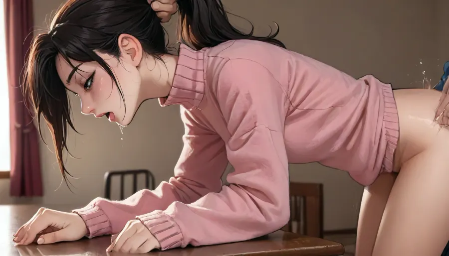 ((Melkor mancin style)), reiq mix markgavatino style, masterpiece, 1girls ai_generated 1girls ai_generated artist_name, (8k resolution, ultra-detailed), 1girl, (long black wavy black hair), ponytail, (big tits:1), pulling hair, (wearing a pink sweater), bent over a table, simple background, orgasm face, side view, having sex, vaginal, (dynamic motion, motion blur), high contrast Perfect lighting, Score_up 9, ratatatat74, <lora:LCMTurboMix_Euler_A_fix:.6>, <lora:ratatatat74-000050:1.1>, <lora:Tsune_XL:1.8>, <lora:mk_Bp Anime_xl:1.6>, <lora:sola7764XL_V1:.8>