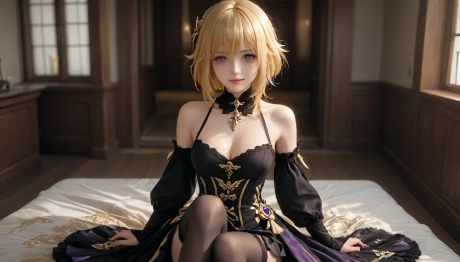 A full-length adult girl, wearing a beautiful, full dress, wearing a black steampunk costume with yellow elements, a gothic dress style, Navia from the game Genshin Impact, long yellow hair, large purple eyes, a happy smile, 1 girl, breasts, firm breasts, firm nipples, uncensored, looking at viewer, shiny skin, blush, bangs, woman, _jbright__, (genshin, impact), solo, navia, (genshin, impact/), jewelry, black thigh-high stockings, <lora:Navia_XL_LoRA:2>