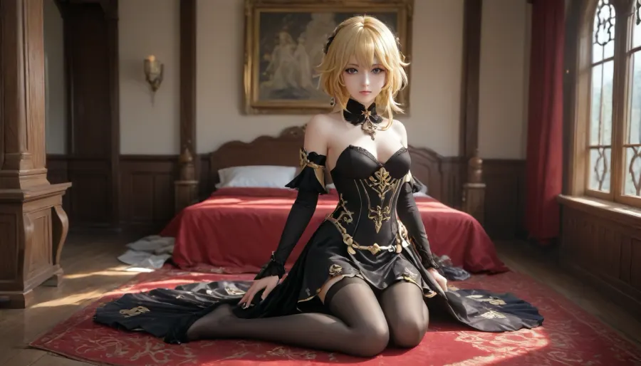 A full-length adult girl, wearing a beautiful, full dress, wearing a black steampunk costume with yellow elements, a gothic dress style, Navia from the game Genshin Impact, long yellow hair, large purple eyes, a happy smile, 1 girl, breasts, firm breasts, firm nipples, uncensored, looking at viewer, shiny skin, blush, bangs, woman, _jbright__, (genshin, impact), solo, navia, (genshin, impact/), jewelry, black thigh-high stockings, <lora:Navia_XL_LoRA:2>