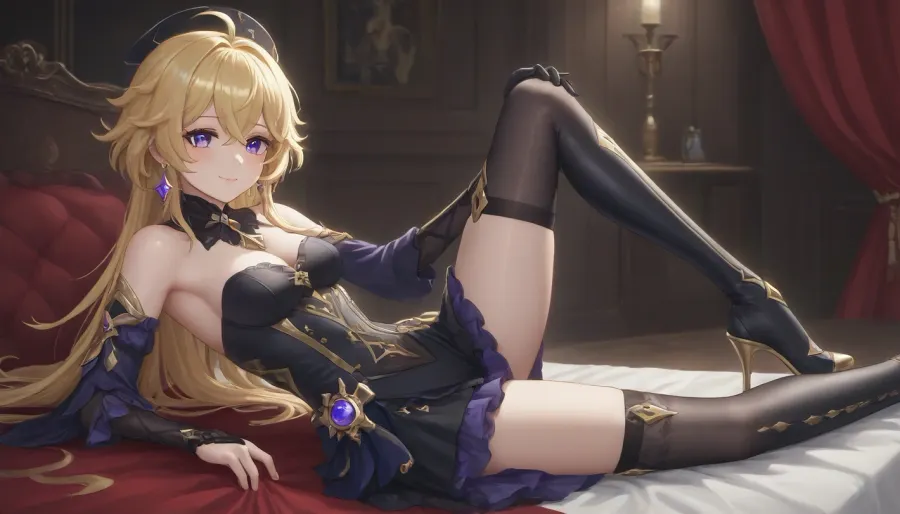 Adult, full-length girl, beautiful, fluffy dress, black steampunk style costume with yellow elements, gothic style dress, Navia from the game Genshin Impact, (long yellow hair), purple eyes, happy smile, 1 girl, looking at viewer, shiny skin, blush, bangs, woman, _jbright__, (genshin, impact), solo, navia, (genshin, impact/), jewelry, black thigh-high stockings, black studded thigh-high boots, <lora:Navia_XL_LoRA:2>