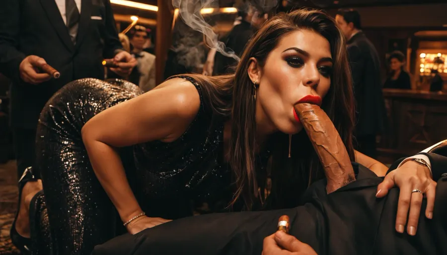 a drunk beautifull young 20yo supermodel is falling on the catwalk in a dark lighted studio and, (give an old fat full clothes businessman with cigar a blowjob:1.5), she wears a red evening dress and high heels dark makeup and have very long hair, the man put his dick in the mouth of the drunk slut, background is a catwalk in a crowded fashion show-many people, crowded place, ultra realistic, high detailed, realistic faces, man hold the girls head, massive cum is dripping from her mouth