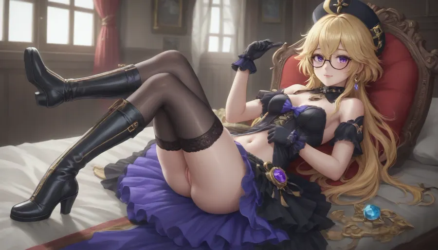 Adult, full-length girl, beautiful, fluffy dress, black steampunk style costume with yellow elements, gothic style dress, Navia from the game Genshin Impact, (long yellow hair), purple eyes, happy smile, 1 girl, bare breasts, pussy visible from under the dress, looking at viewer, shiny skin, blush, bangs, woman, _jbright__, (genshin, impact), (genshin, impact/), black thigh-high stockings, black studded thigh-high boots, zzSucrose, ahoge, brown, glasses, gradient, hair, between, messy, multicolored, semi-rimless, eyewear, short, animal, ears, frills, fur, collar, gem, gloves, long, white, headwear, zettai, ryouiki, skirt, <lora:SucroseGenshinIXL:.8>
